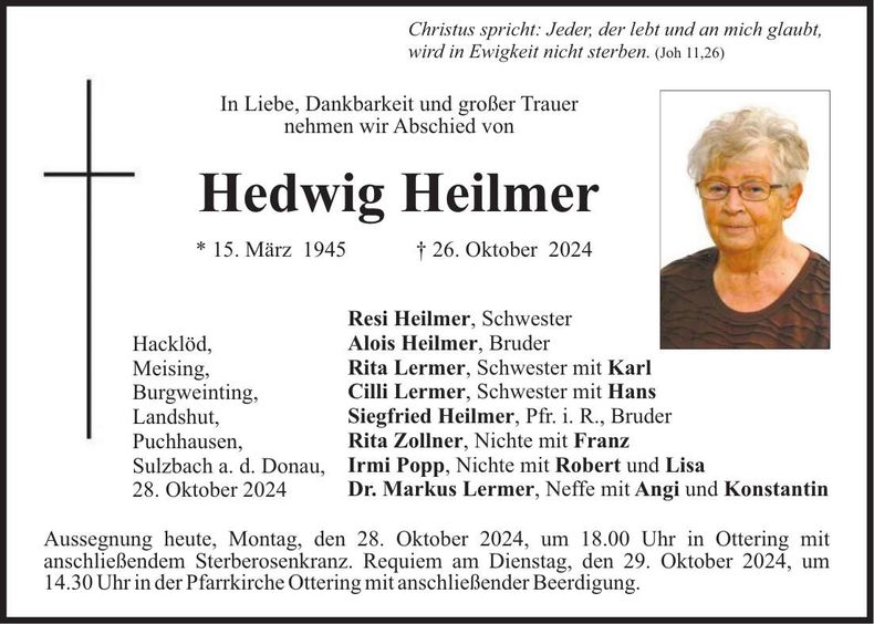 Traueranzeige Hedwig Heilmer