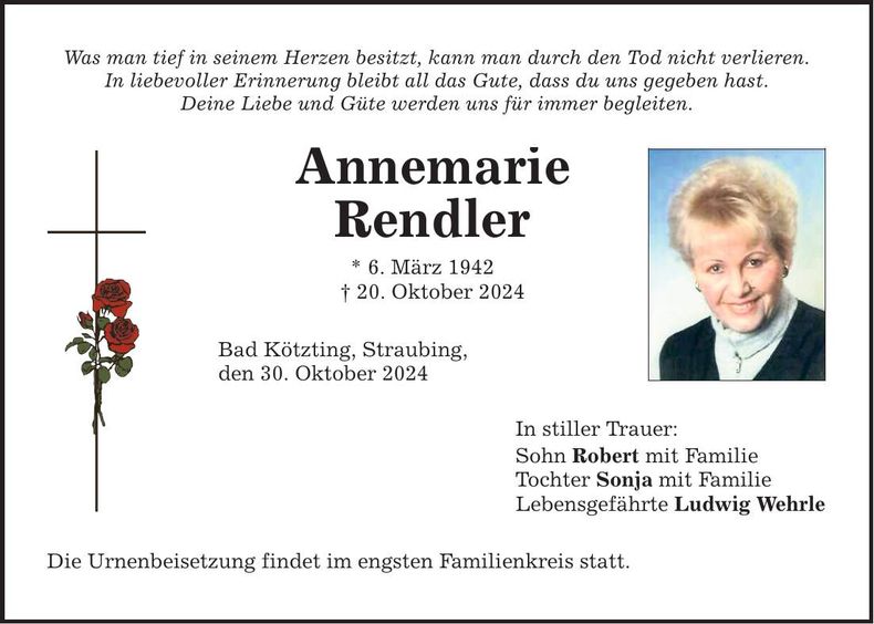 Traueranzeige Annemarie Rendler