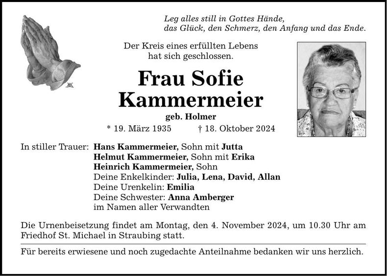 Traueranzeige Sofie Kammermeier