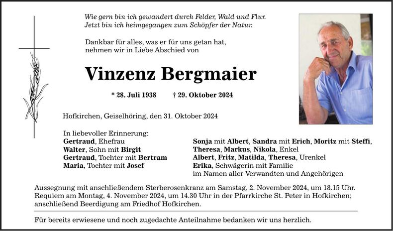 Traueranzeige Vinzenz Bergmaier