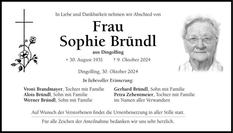 Traueranzeige Sophie Bründl