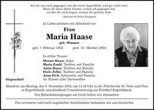 Traueranzeige Maria Haase