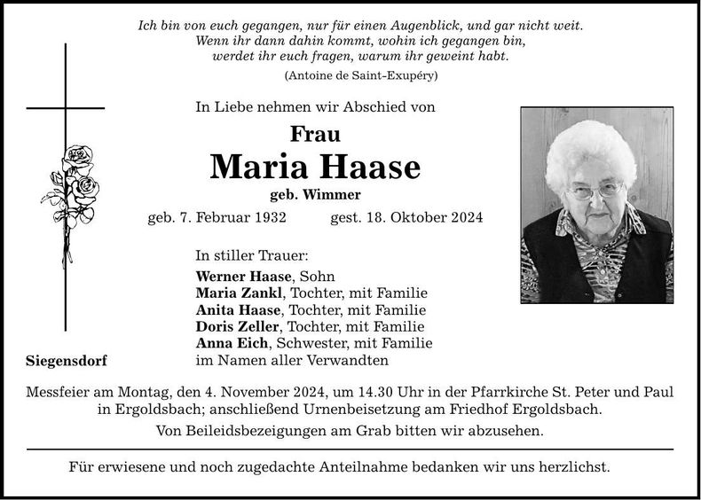 Traueranzeige Maria Haase