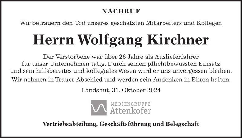 Traueranzeige Wolfgang Kirchner