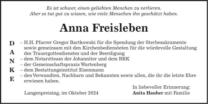 Traueranzeige Anna Freisleben