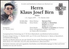 Traueranzeige Klaus Josef Birn