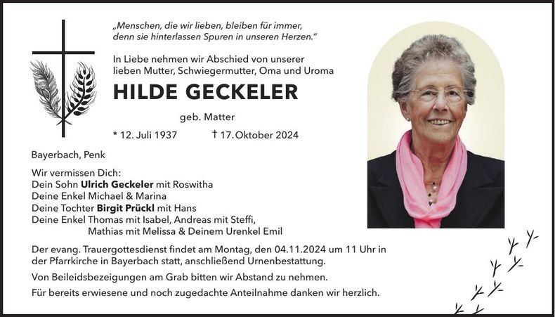 Traueranzeige Hilde Geckeler