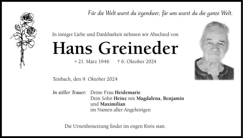 Traueranzeige Hans Greineder