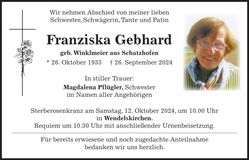 Traueranzeige Franziska Gebhard