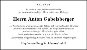 Traueranzeige Anton Gabelsberger