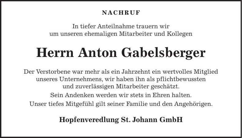 Traueranzeige Anton Gabelsberger