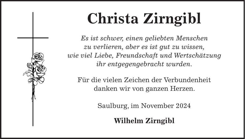 Traueranzeige Christa Zirngibl