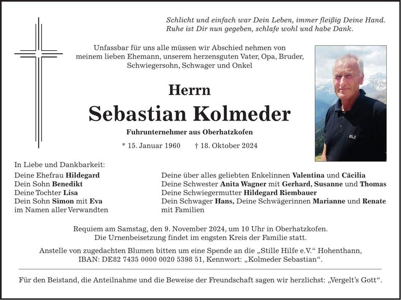 Traueranzeige Sebastian Kolmeder