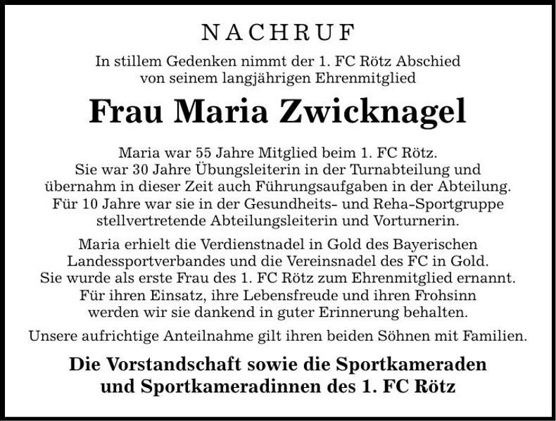 Traueranzeige Maria Zwicknagel