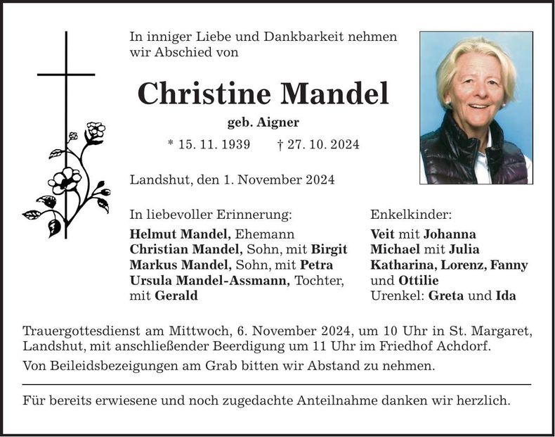 Traueranzeige Christine Mandel
