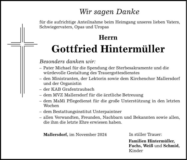 Traueranzeige Gottfried Hintermüller