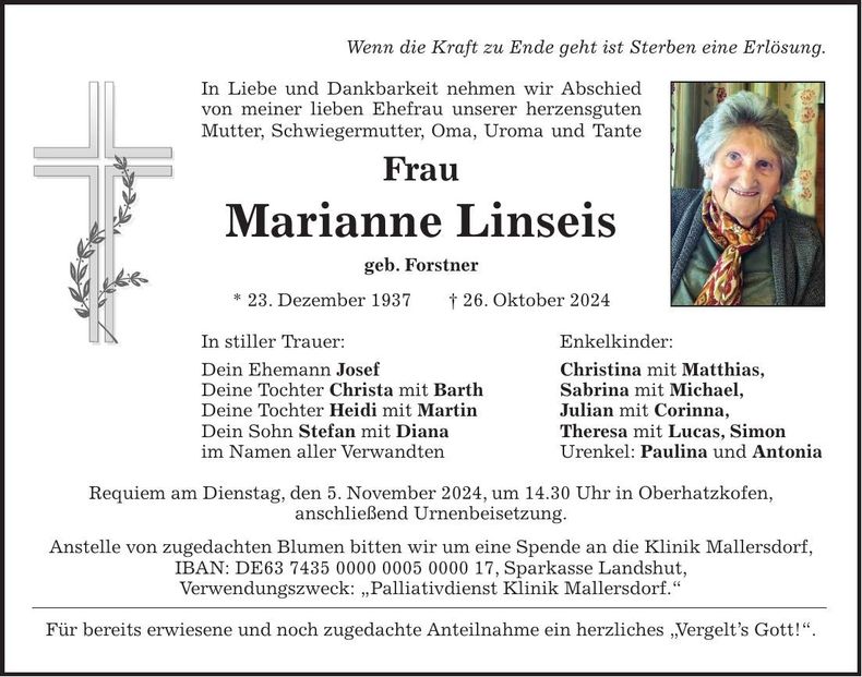 Traueranzeige Marianne Linseis