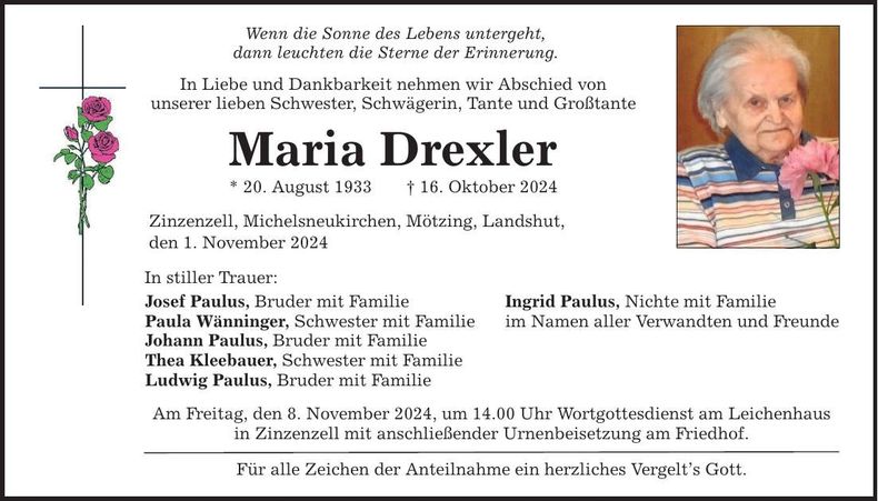 Traueranzeige Maria Drexler