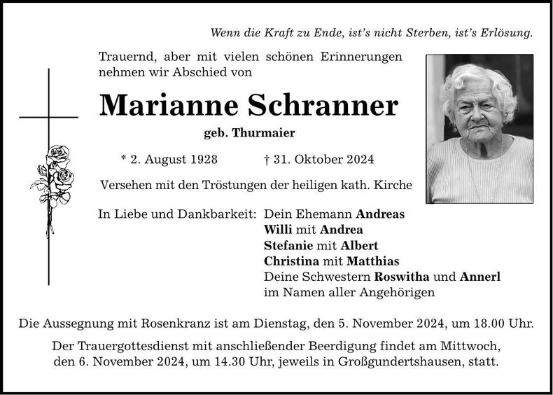 Traueranzeige Marianne Schranner