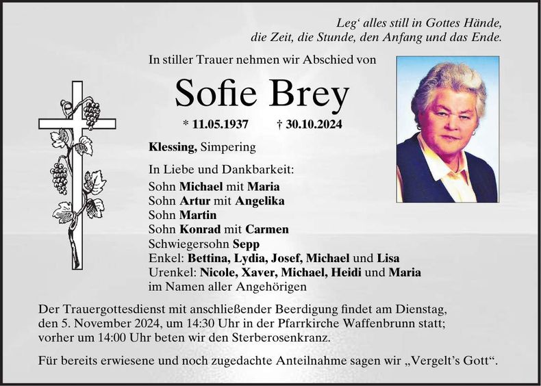 Traueranzeige Sofie Brey