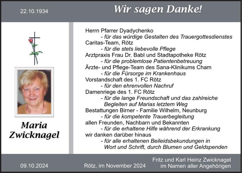 Traueranzeige Maria Zwicknagel