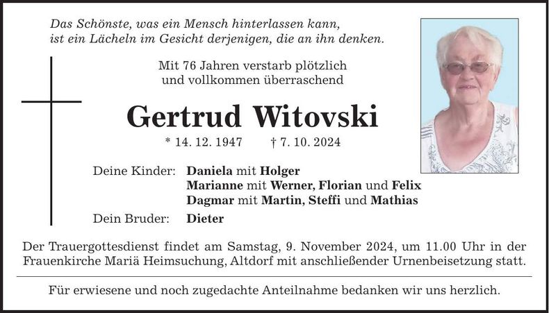 Traueranzeige Gertraud Witovski