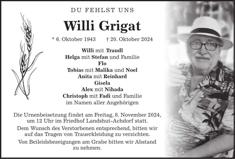 Traueranzeige Willi Grigat
