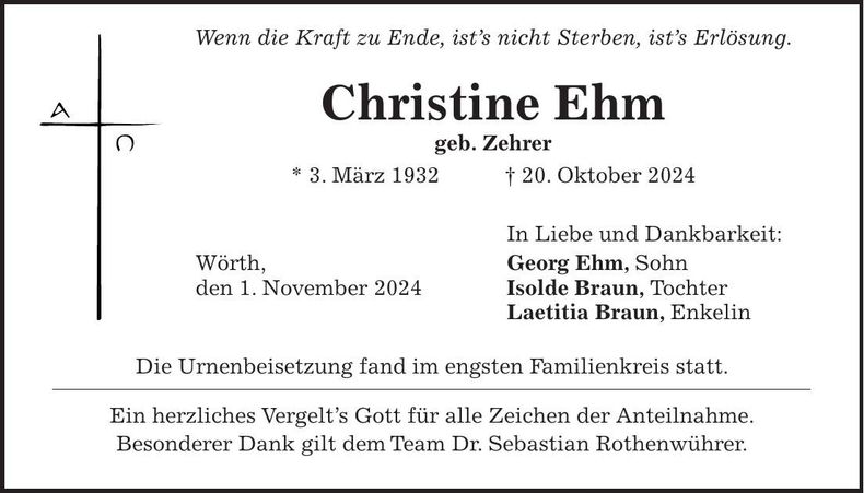 Traueranzeige Christine Ehm