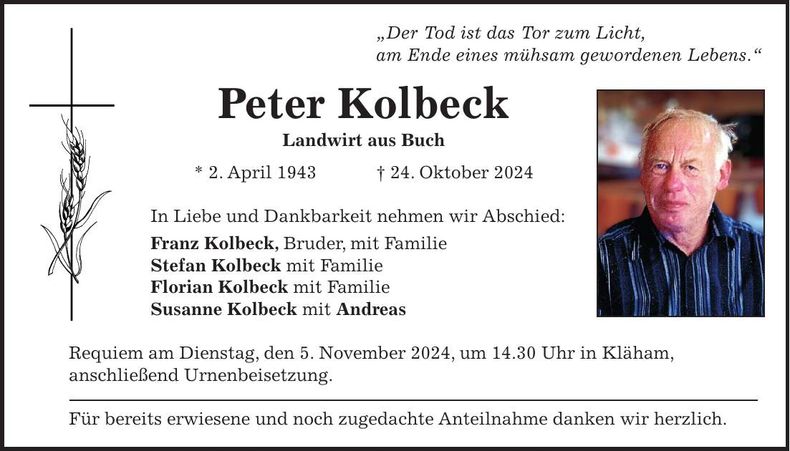 Traueranzeige Peter Kolbeck