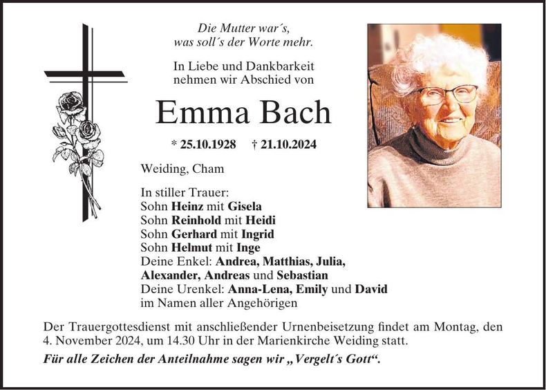 Traueranzeige Emma Bach