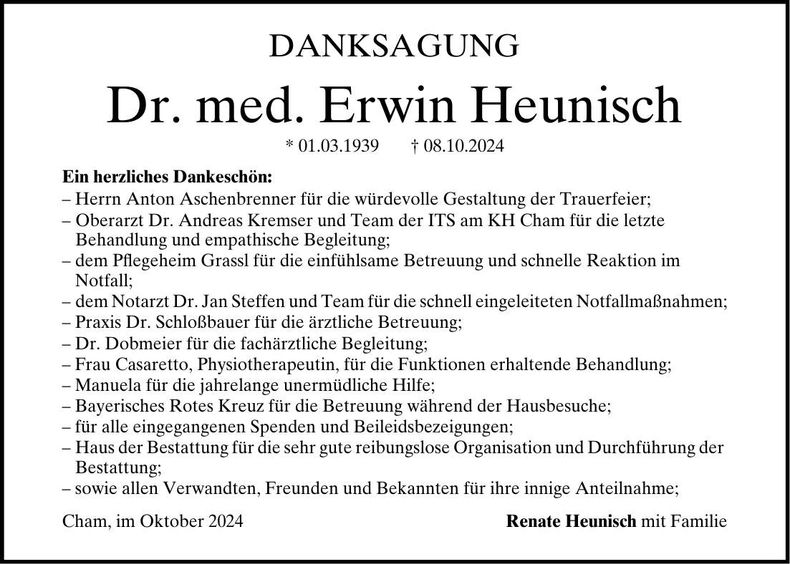 Traueranzeige Dr. med. Erwin Heunisch