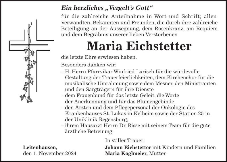 Traueranzeige Maria Eichstetter