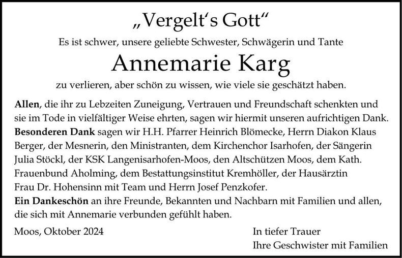 Traueranzeige Annemarie Karg