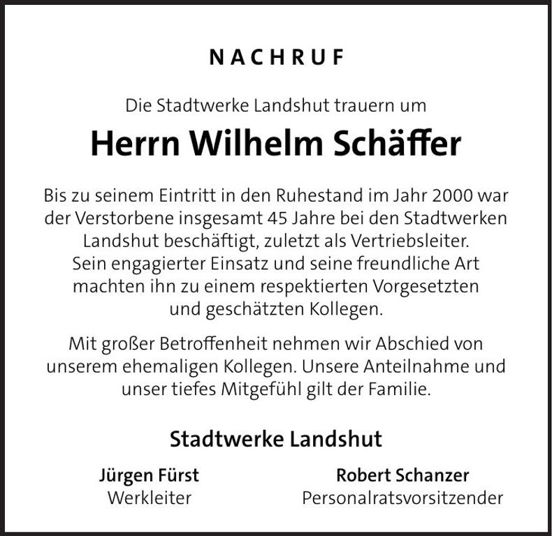 Traueranzeige Wilhelm Schäffer