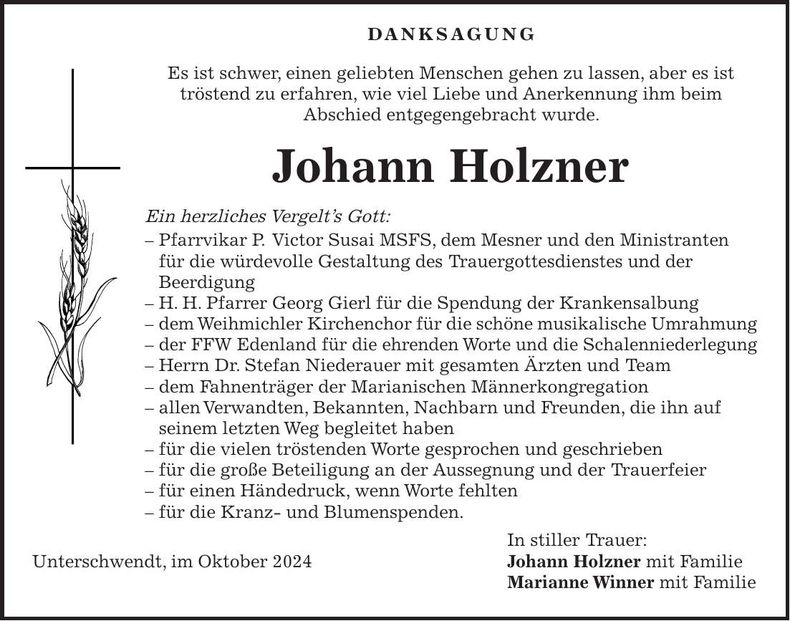 Traueranzeige Johann Holzner