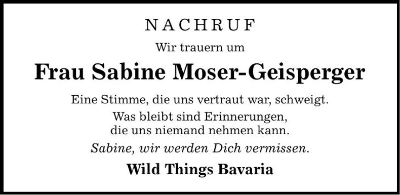Traueranzeige Sabine Moser-Geisperger