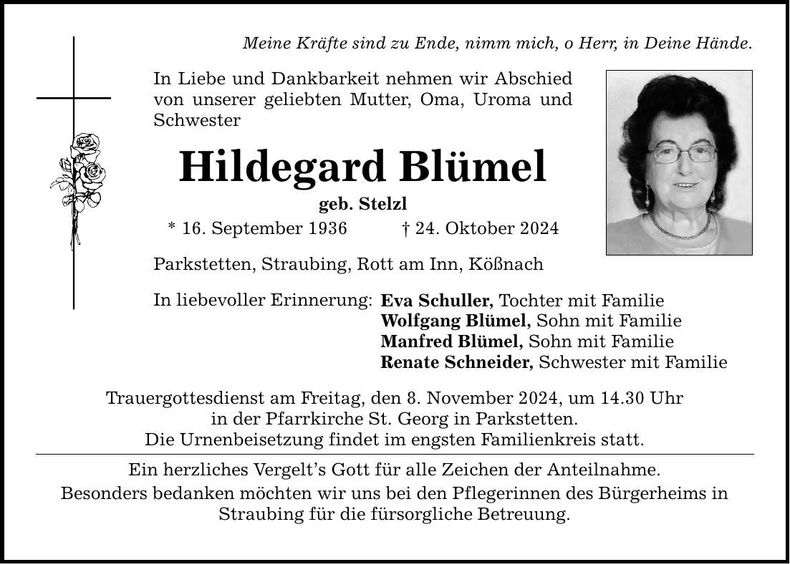 Traueranzeige Blümel Hildegard