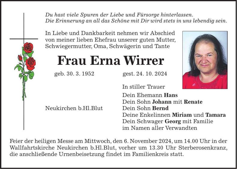 Traueranzeige Erna Wirrer