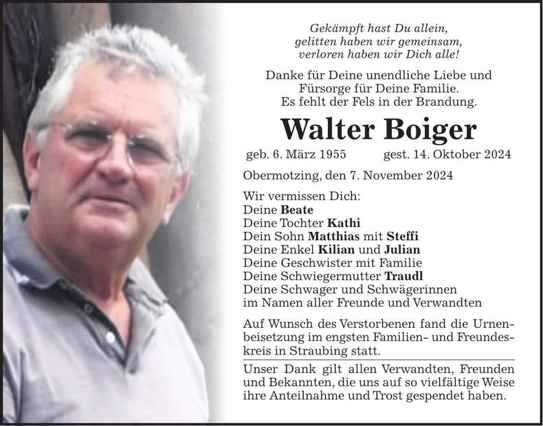 Traueranzeige Walter Boiger