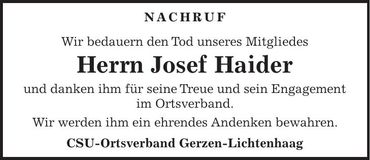 Traueranzeige Josef Haider