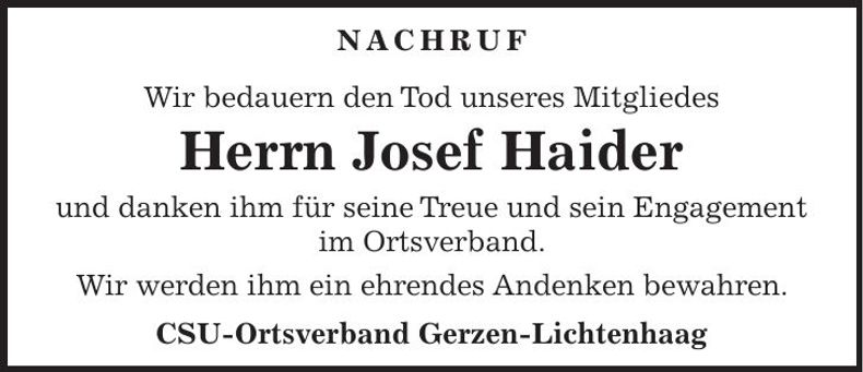 Traueranzeige Josef Haider