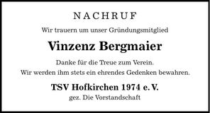Traueranzeige Vinzenz Bergmaier