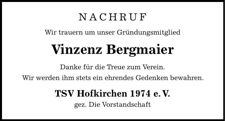 Traueranzeige Vinzenz Bergmaier