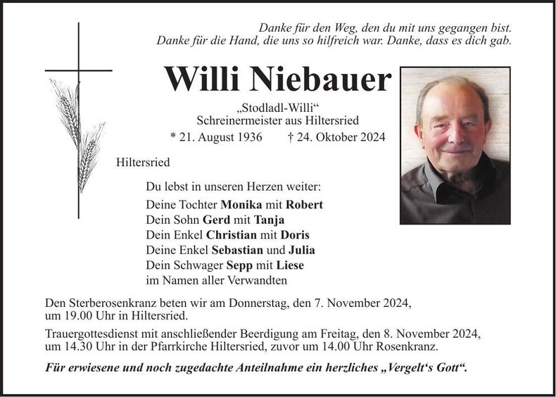 Traueranzeige Willi Niebauer