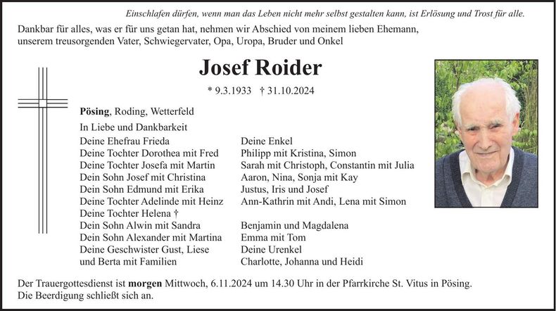 Traueranzeige Josef Roider
