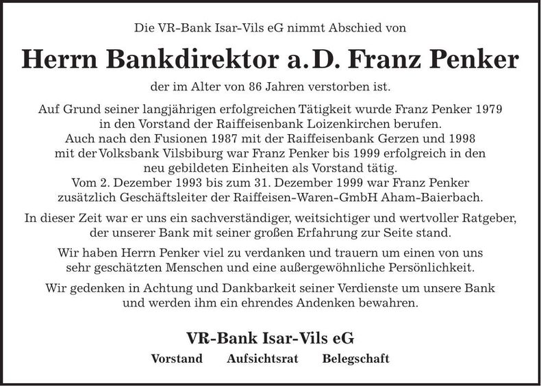 Traueranzeige Franz Penker