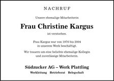 Traueranzeige Christine Kargus