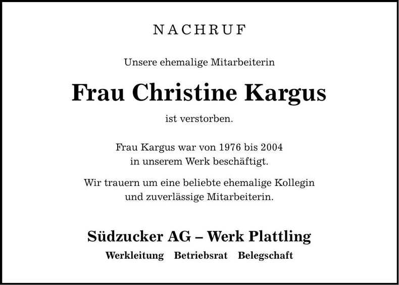 Traueranzeige Christine Kargus
