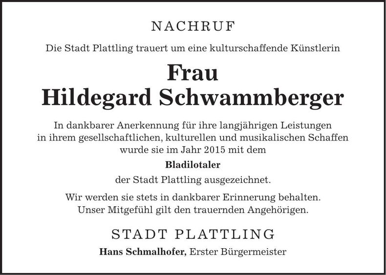 Traueranzeige Hildegard Schwammberger