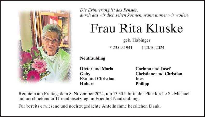 Traueranzeige Rita Kluske